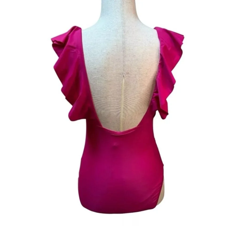 J. Crew One Piece Swimsuit SIze 12 Ruched V Neck Ruffled‎ Hot Pink Fuchsia New